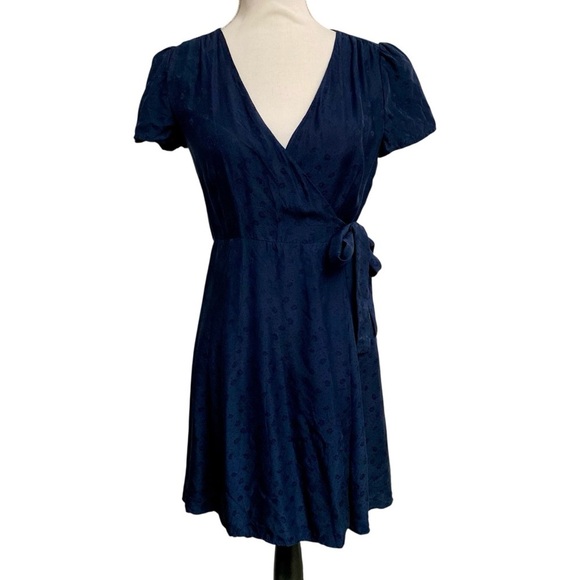 Sézane Anastasia Silk Floral Wrap Mini Dress Navy Parisian Chic US 4 - Picture 2 of 13